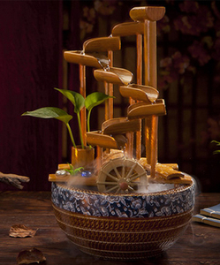 陶瓷流水喷泉摆件风水轮竹子